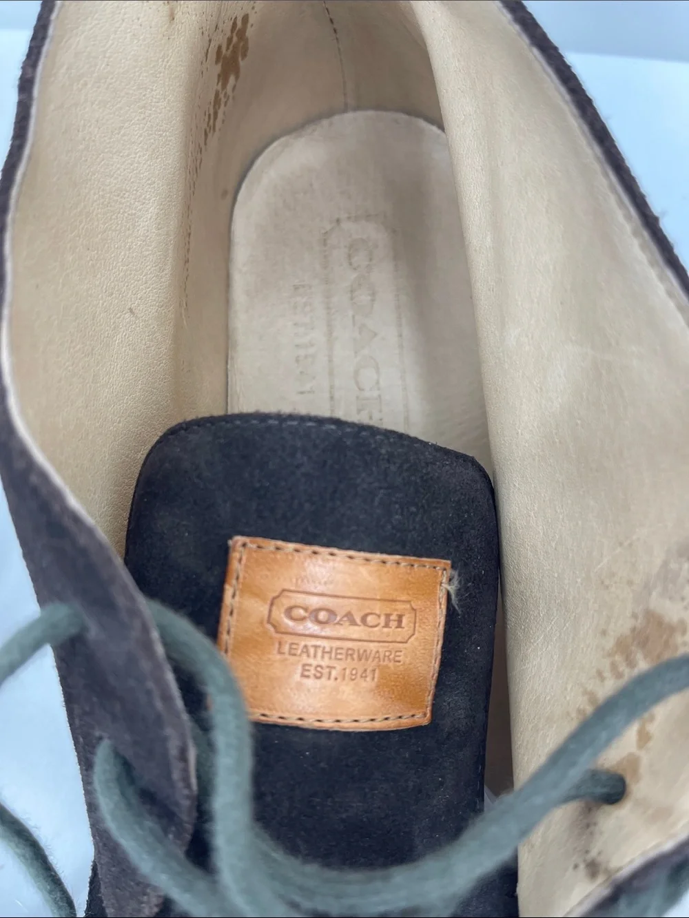 Coach ANTHONY Men's Dark Brown Suede Chukka Boots with Olive Laces SIZE 10 M